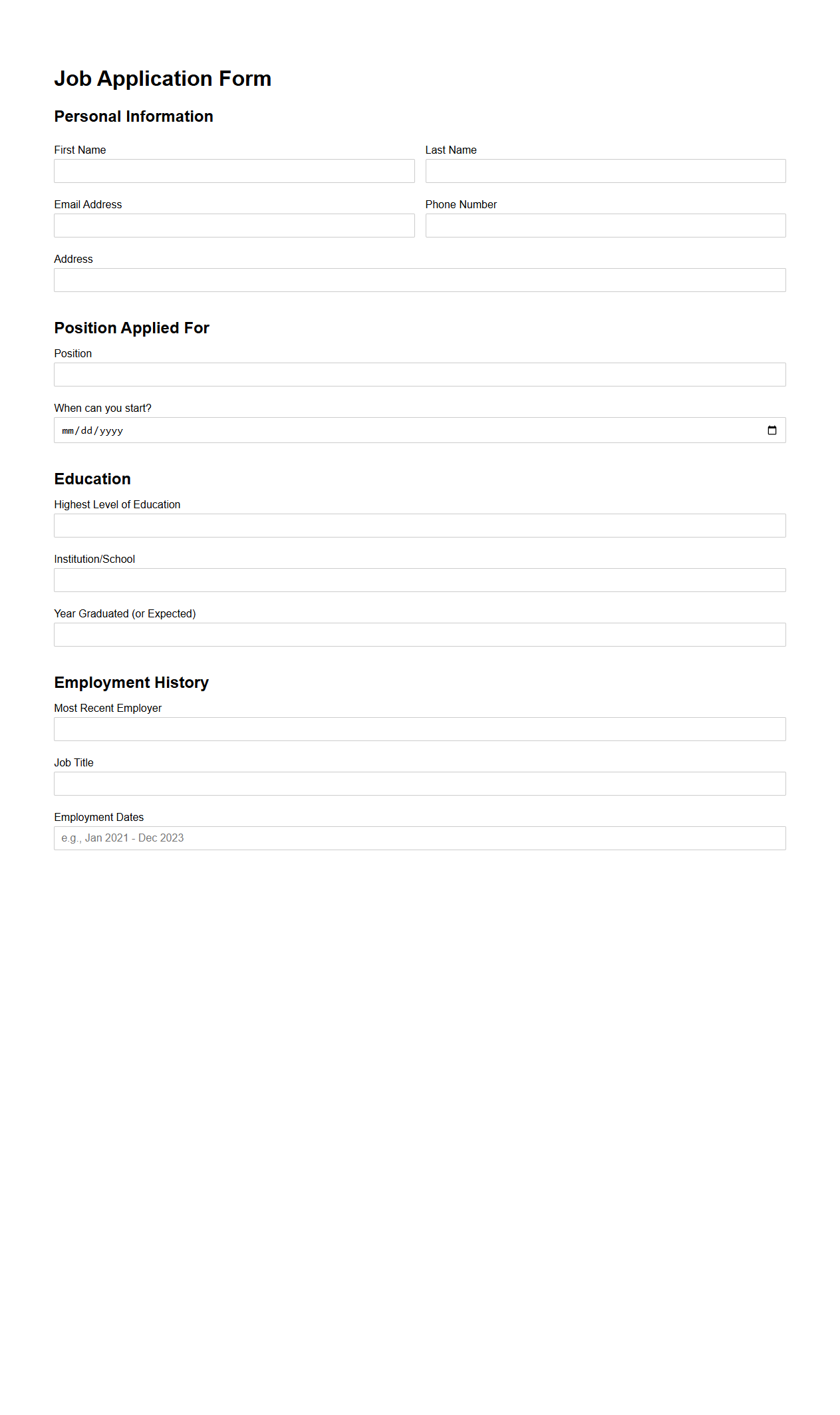 Generic Job Application Template for Employment