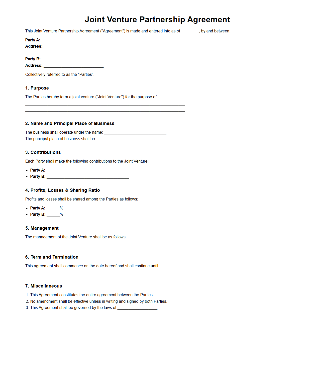 Generic Joint Venture Partnership Agreement Format