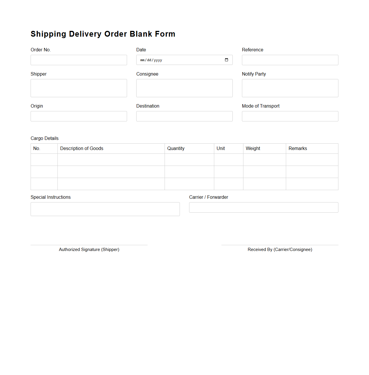 Generic Shipping Delivery Order Blank Form