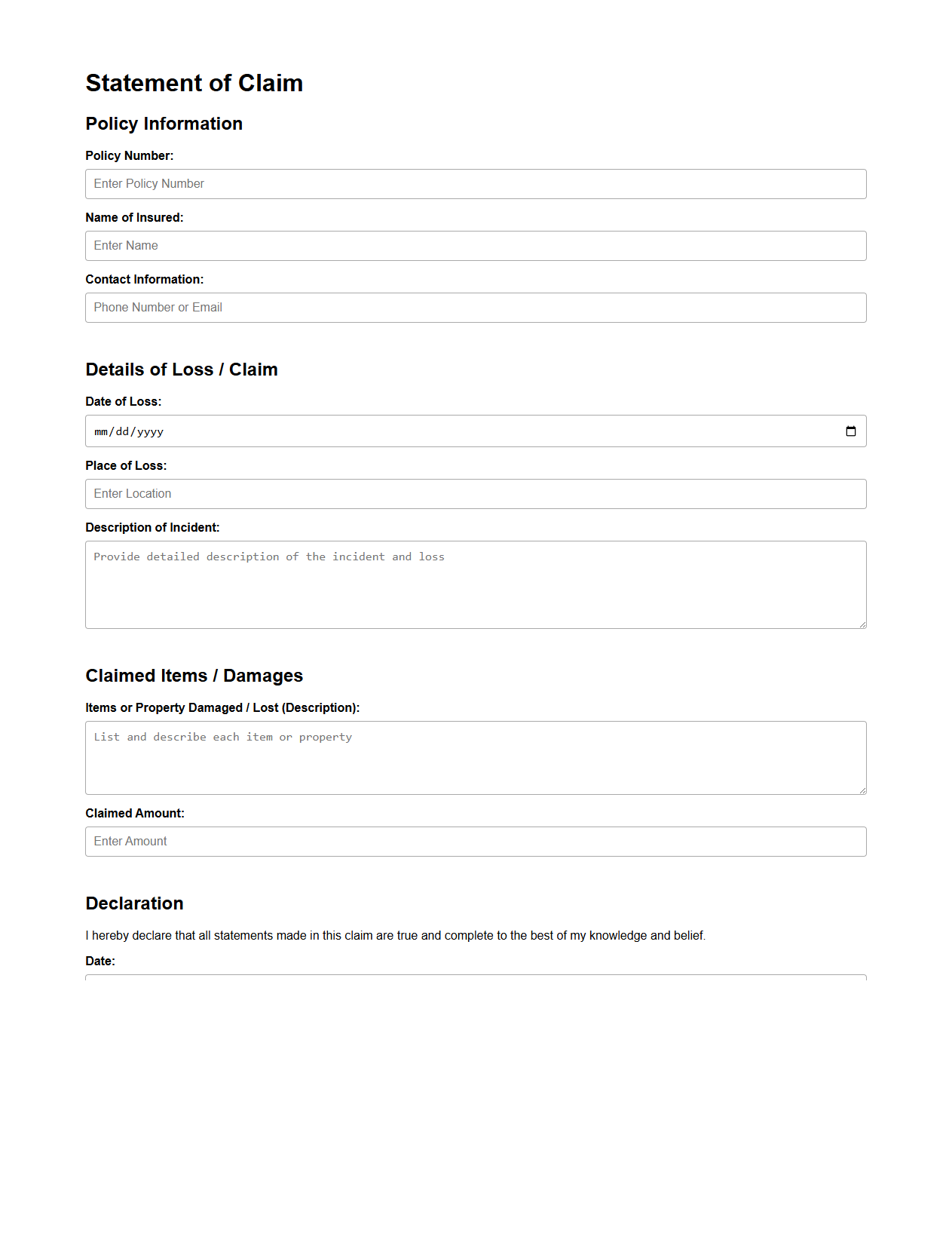 Generic Statement of Claim Document for Insurance