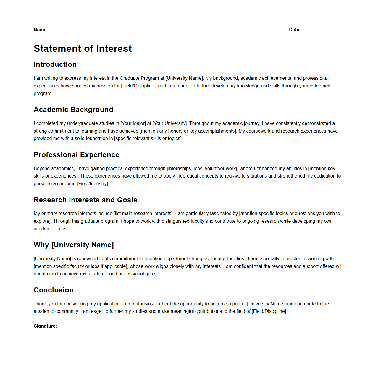 Graduate Program Statement of Interest Sample