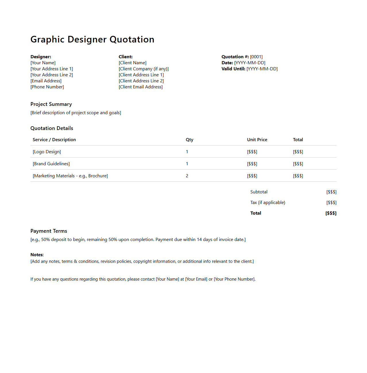 Graphic Designer Quotation Template for Freelance Projects