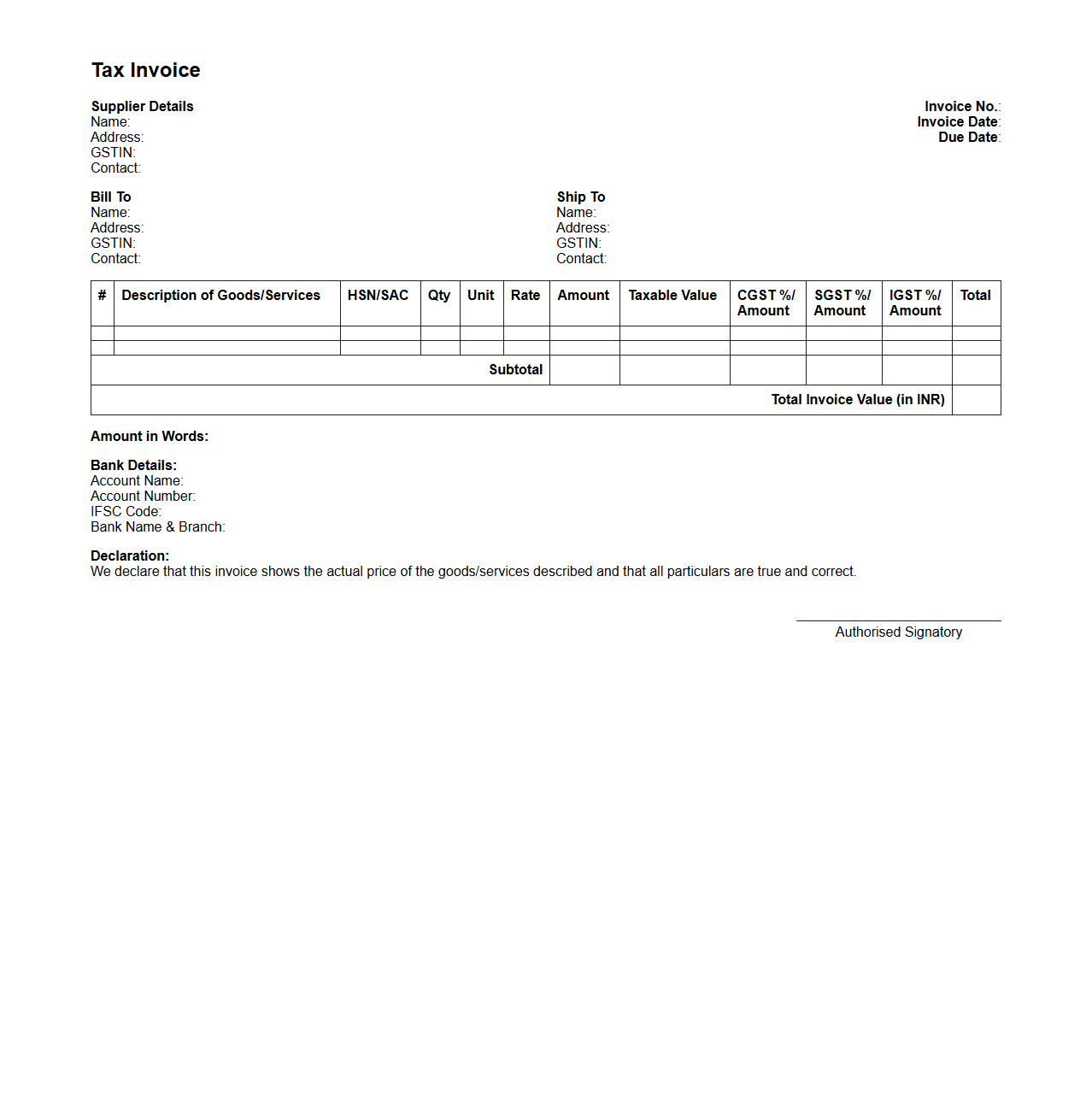 GST Compliant Tax Invoice Template Blank Format