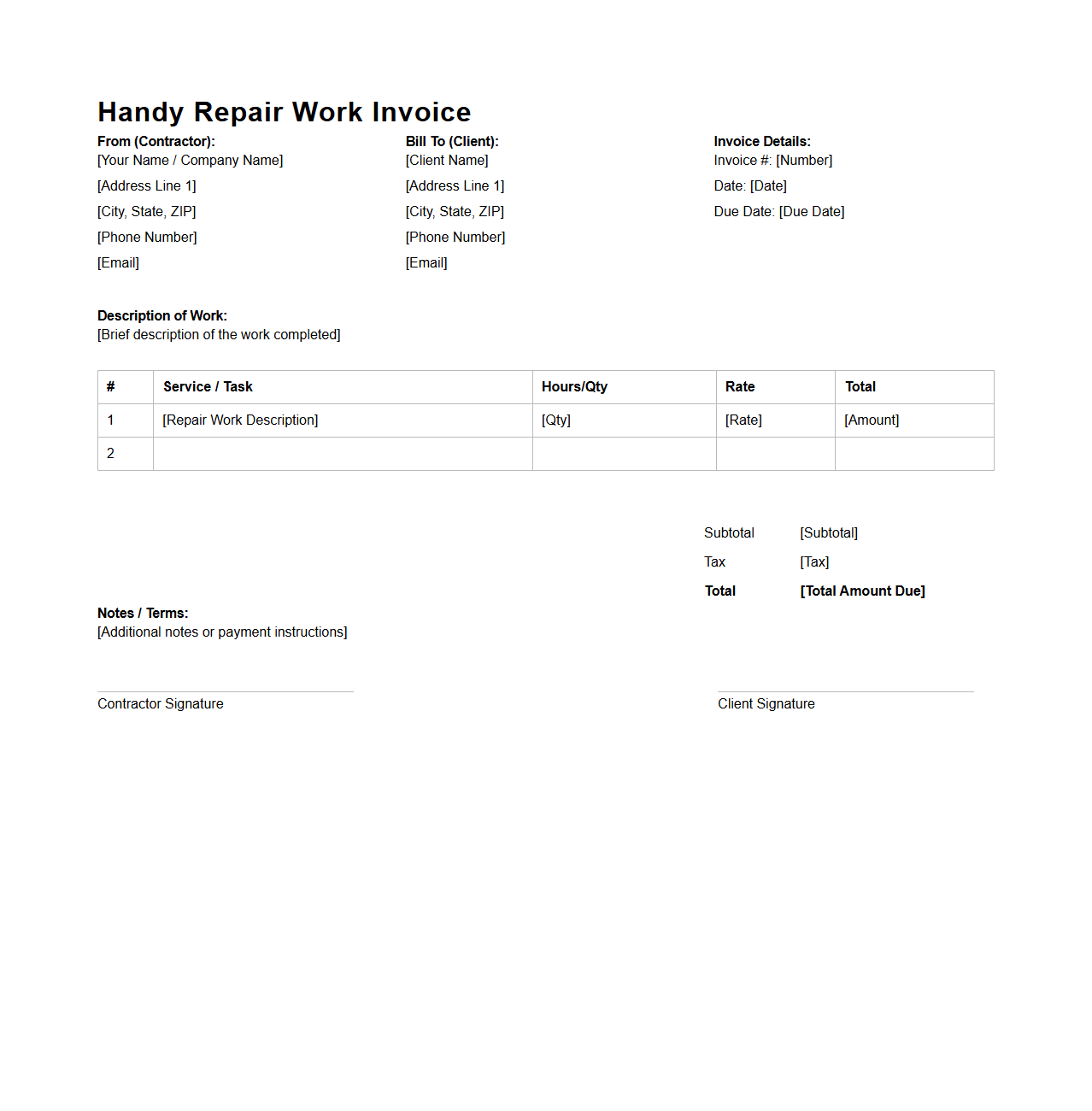 Handy Repair Work Invoice Template