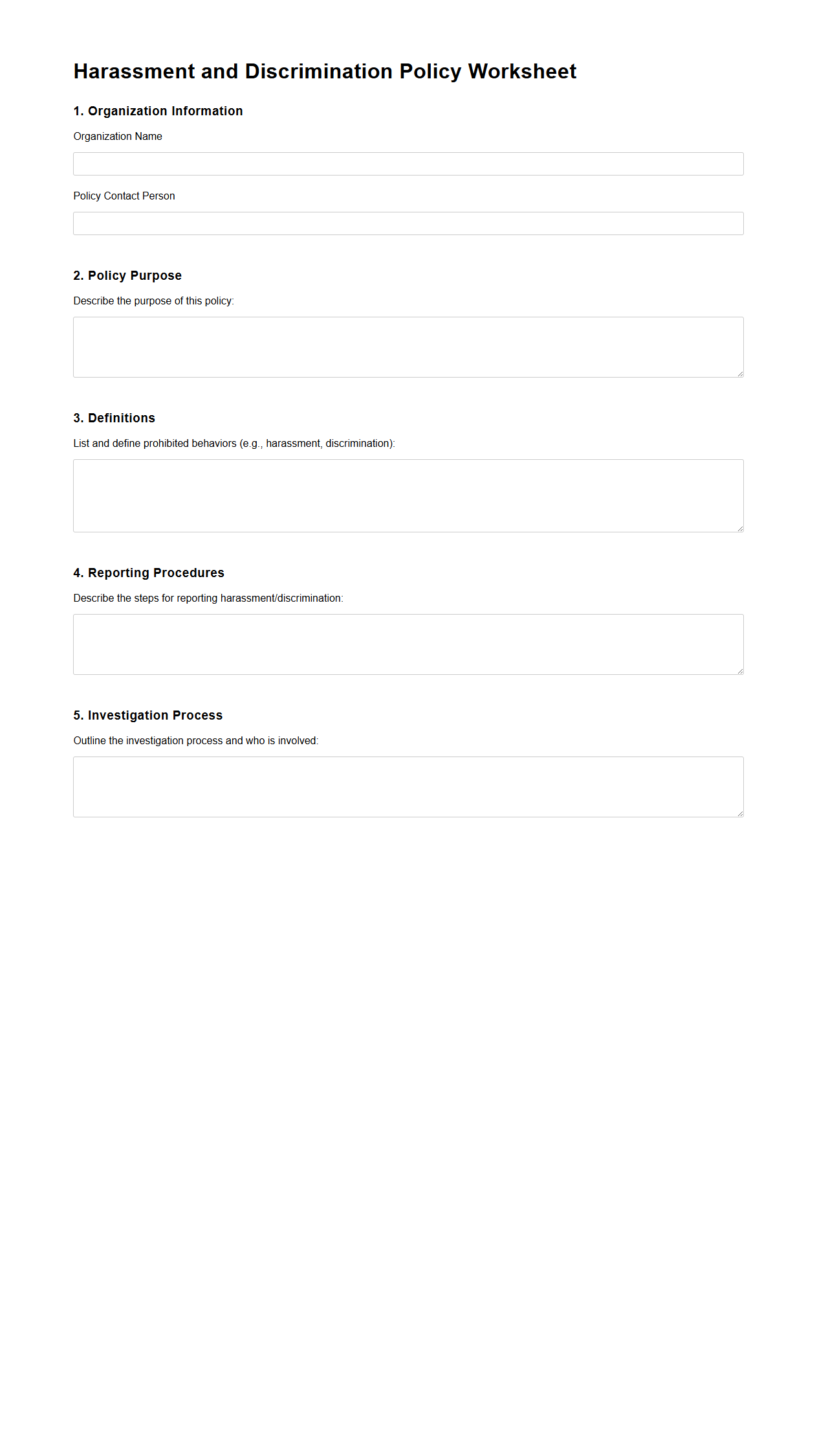 Harassment and Discrimination Policy Worksheet