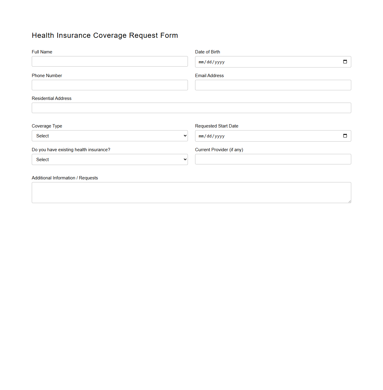 Health Insurance Coverage Request Form