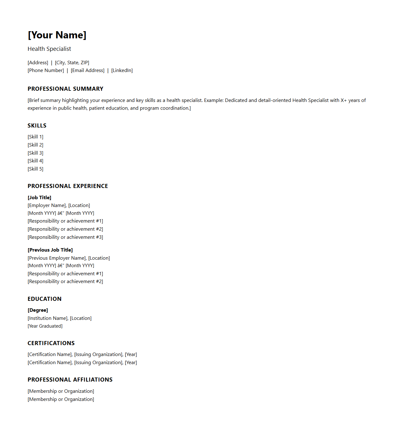Health Specialist Resume Template