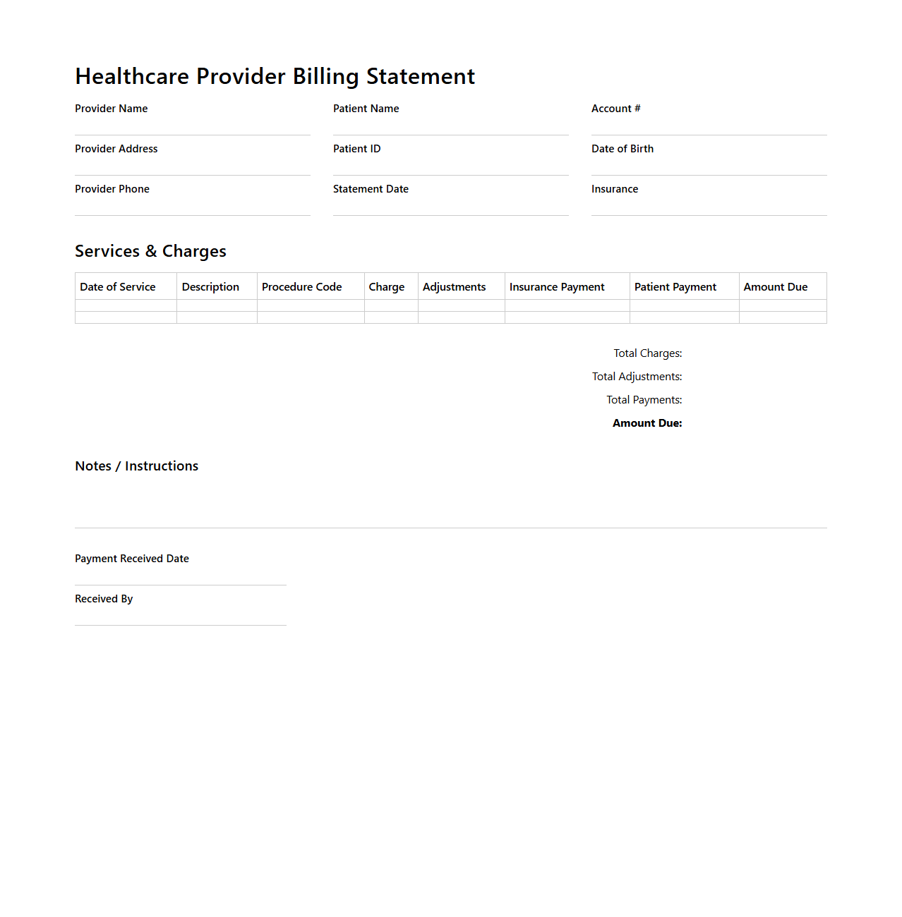 Healthcare Provider Billing Statement Blank Format