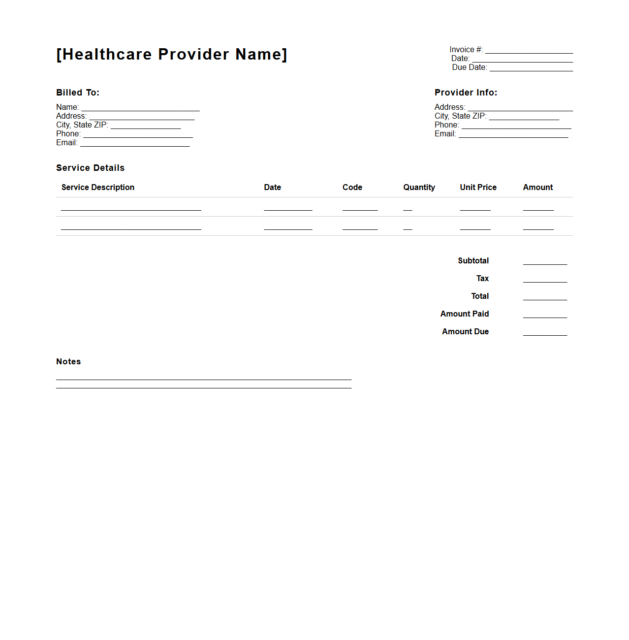 Healthcare Service Invoice Template