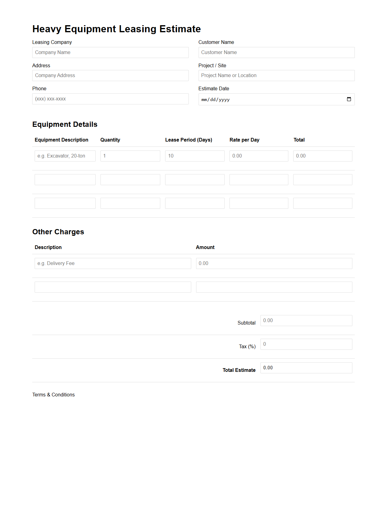 Heavy Equipment Leasing Estimate Template