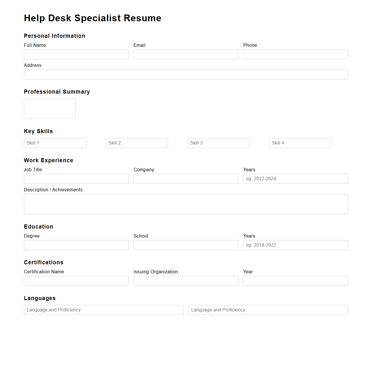 Help Desk Specialist Resume Blank Form