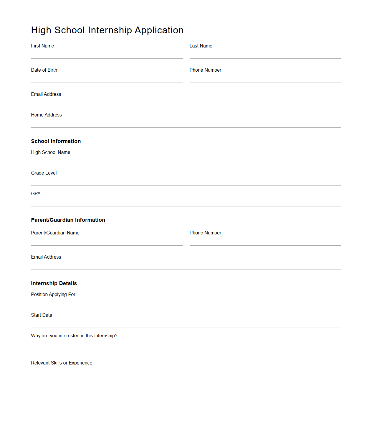 High School Internship Application Document