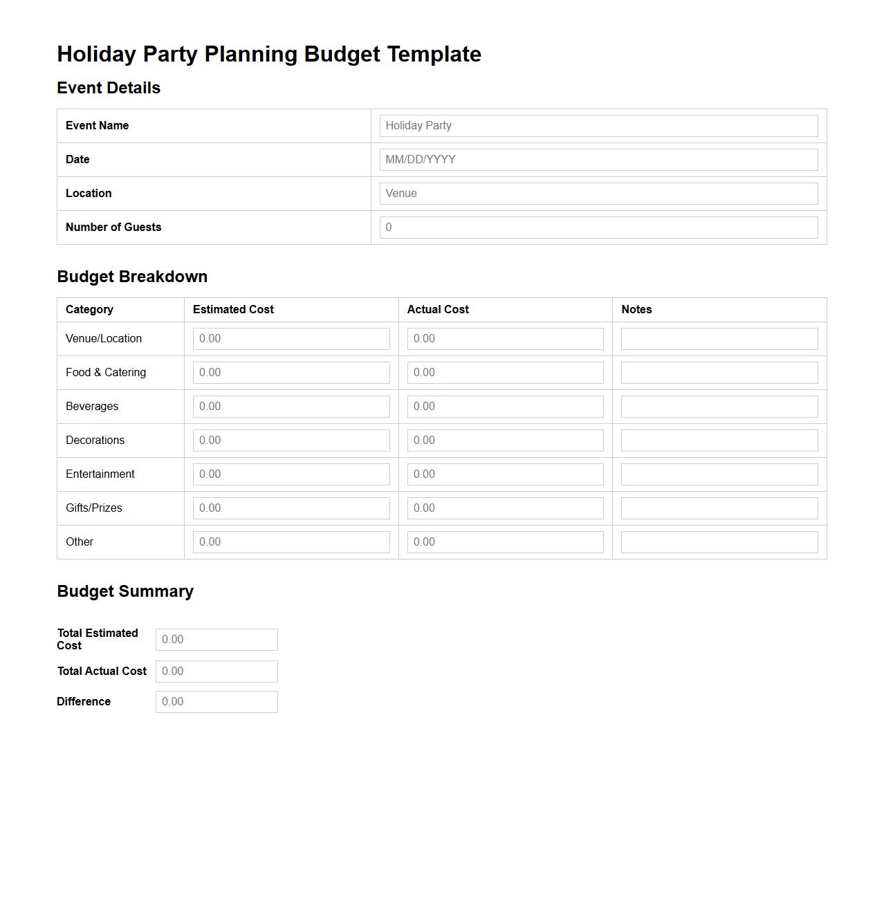 Holiday Party Planning Budget Template
