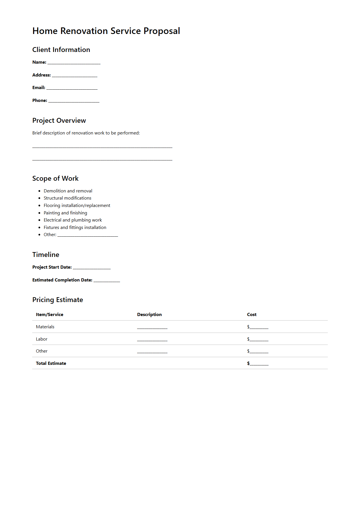 Home Renovation Service Proposal Template