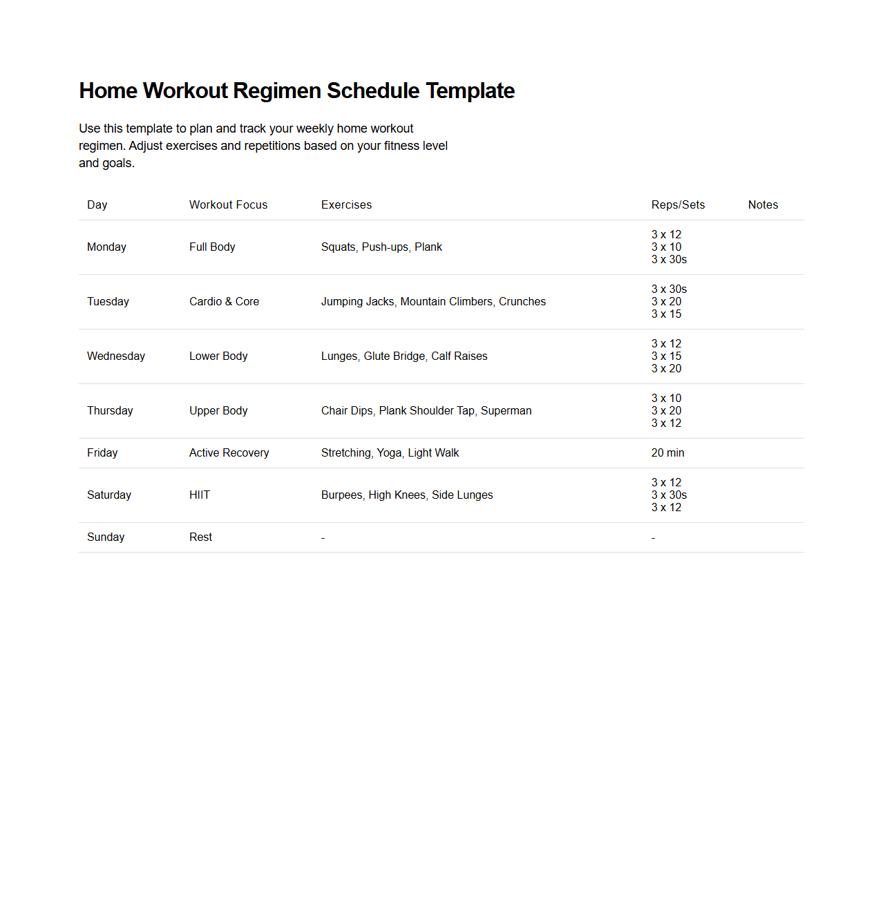 Home Workout Regimen Schedule Template