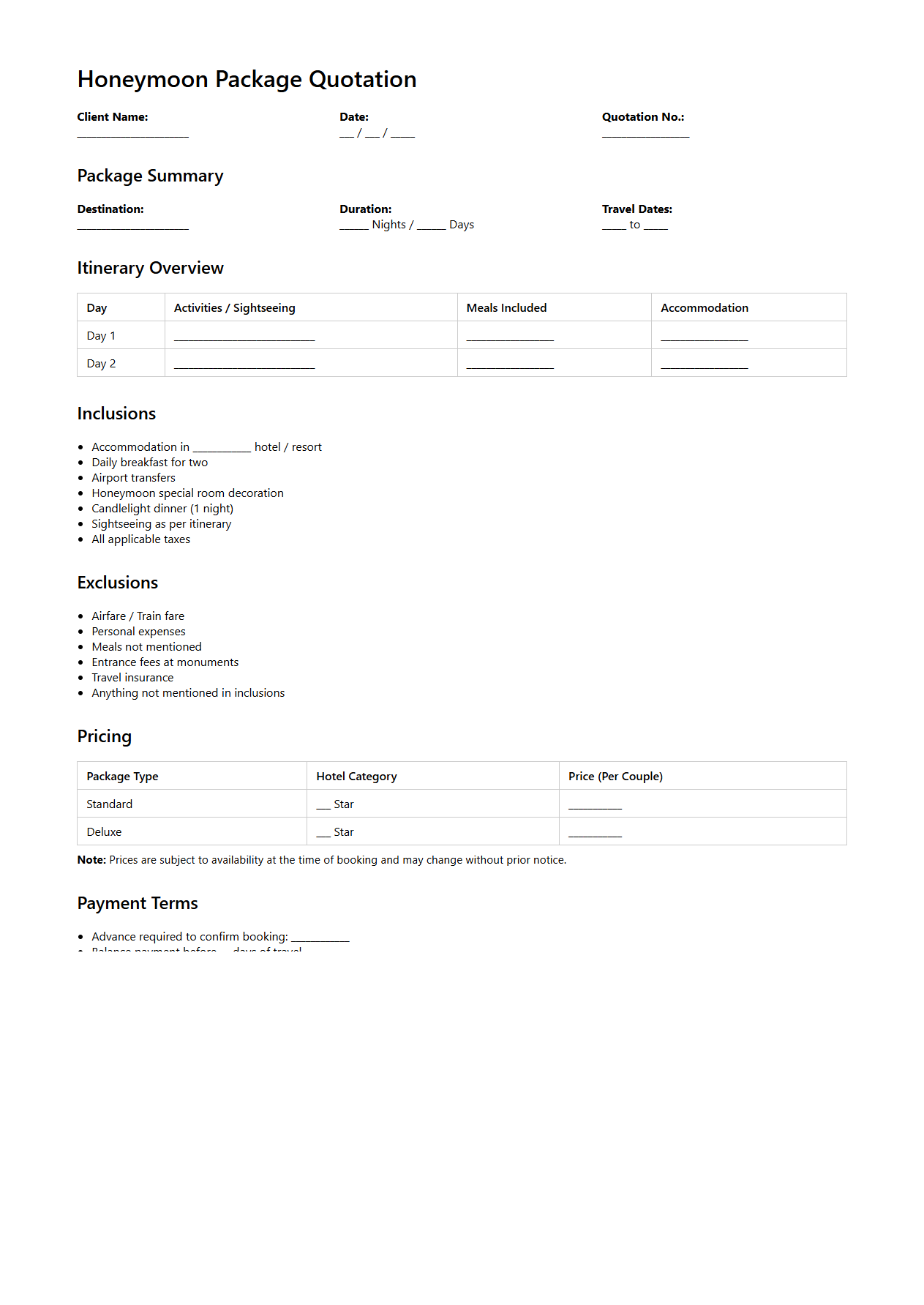 Honeymoon Package Quotation Format for Tour Advisors