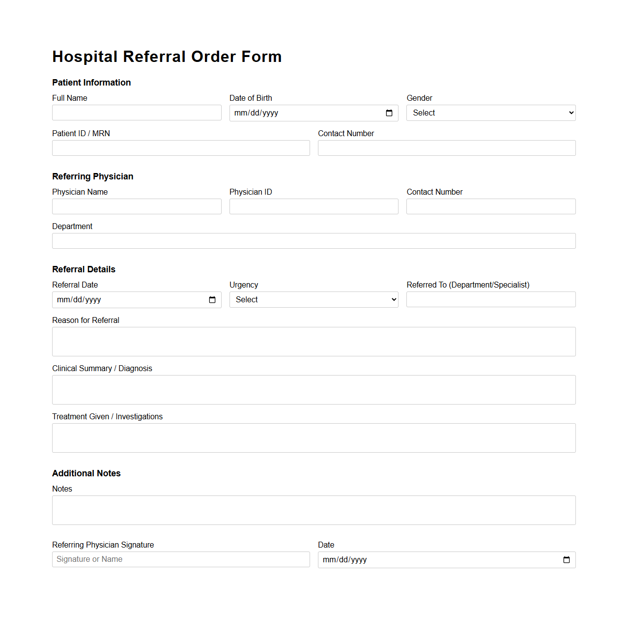 Hospital Referral Order Form Structure