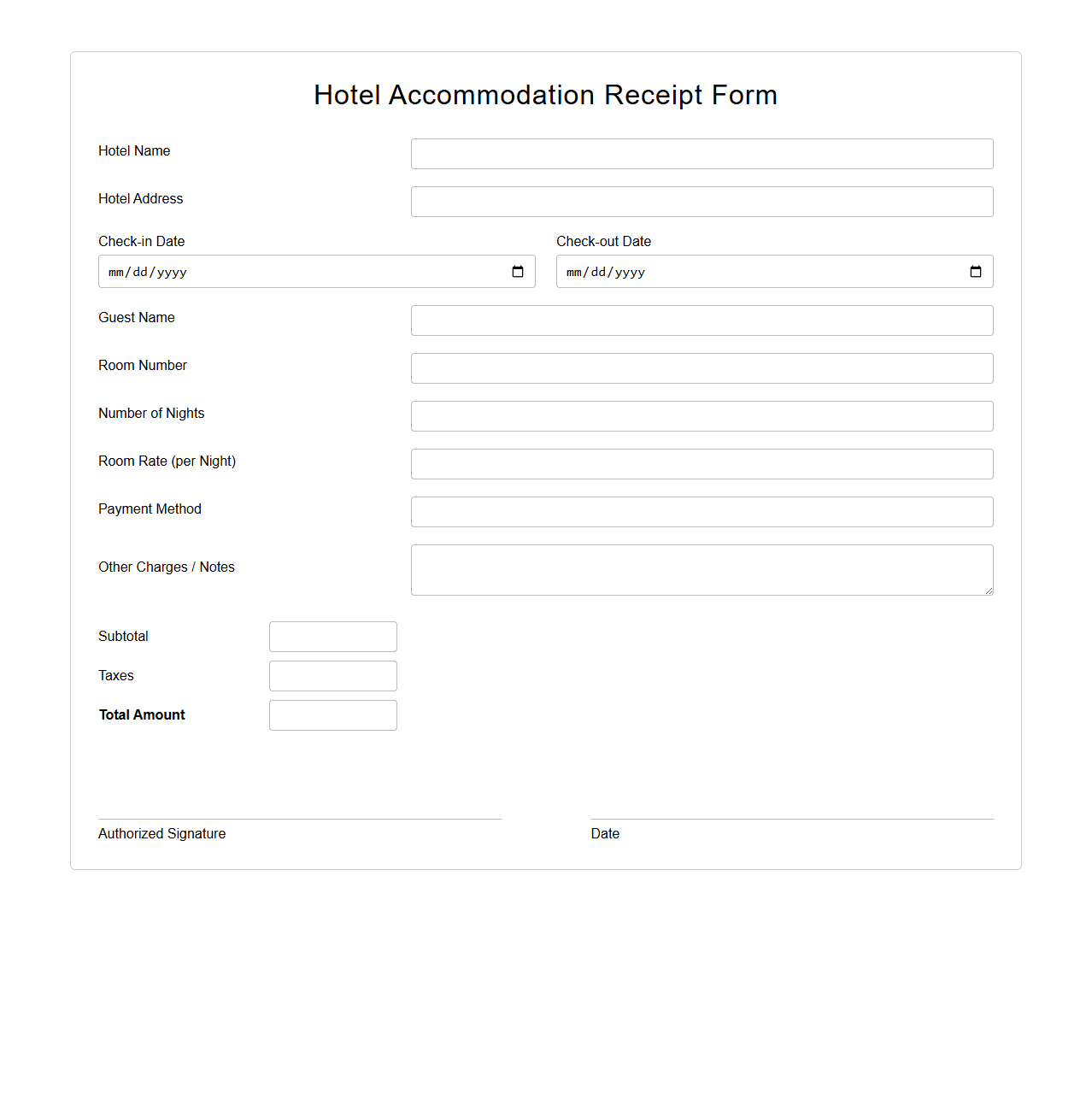 Hotel Accommodation Receipt Form Example