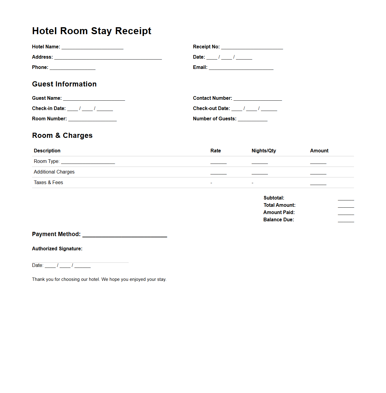 Hotel Room Stay Receipt Template