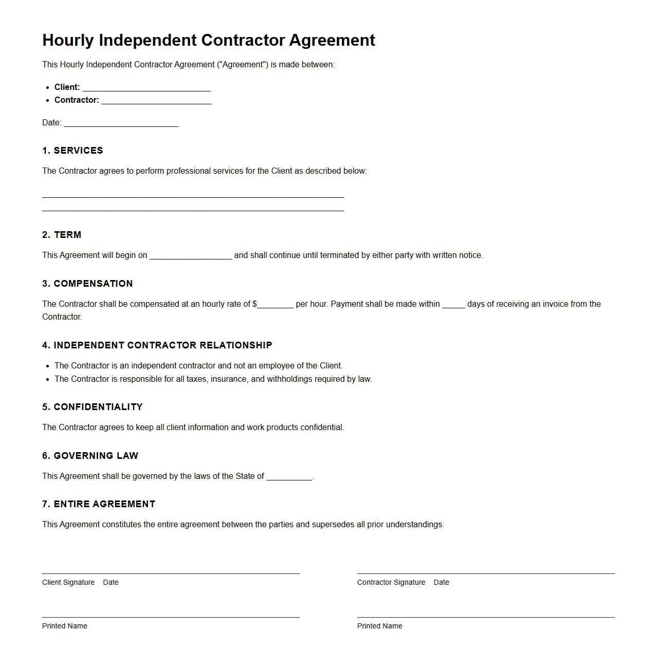Hourly Independent Contractor Agreement for Professionals