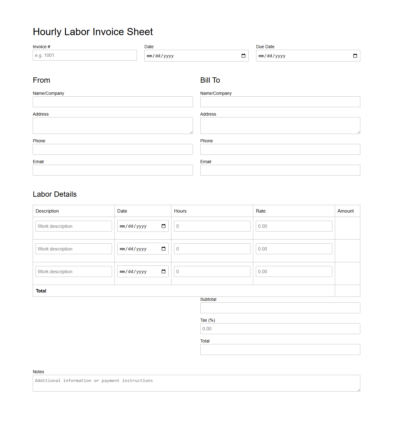 Hourly Labor Invoice Sheet