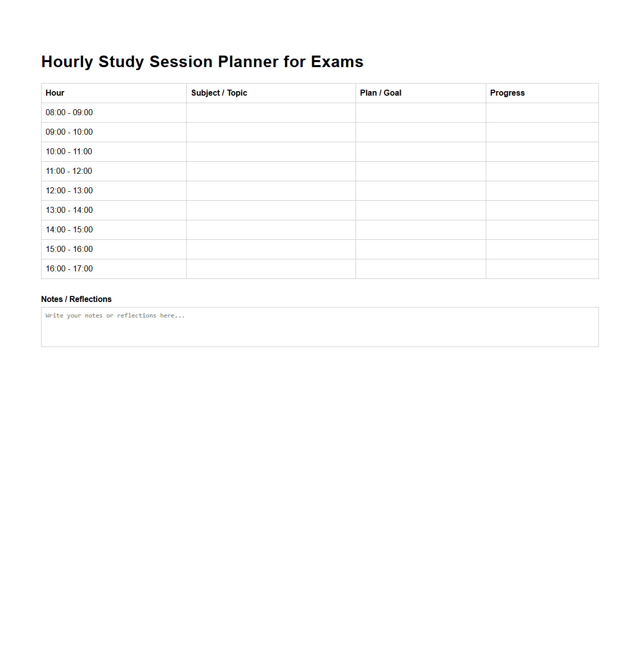 Hourly Study Session Planner for Exams