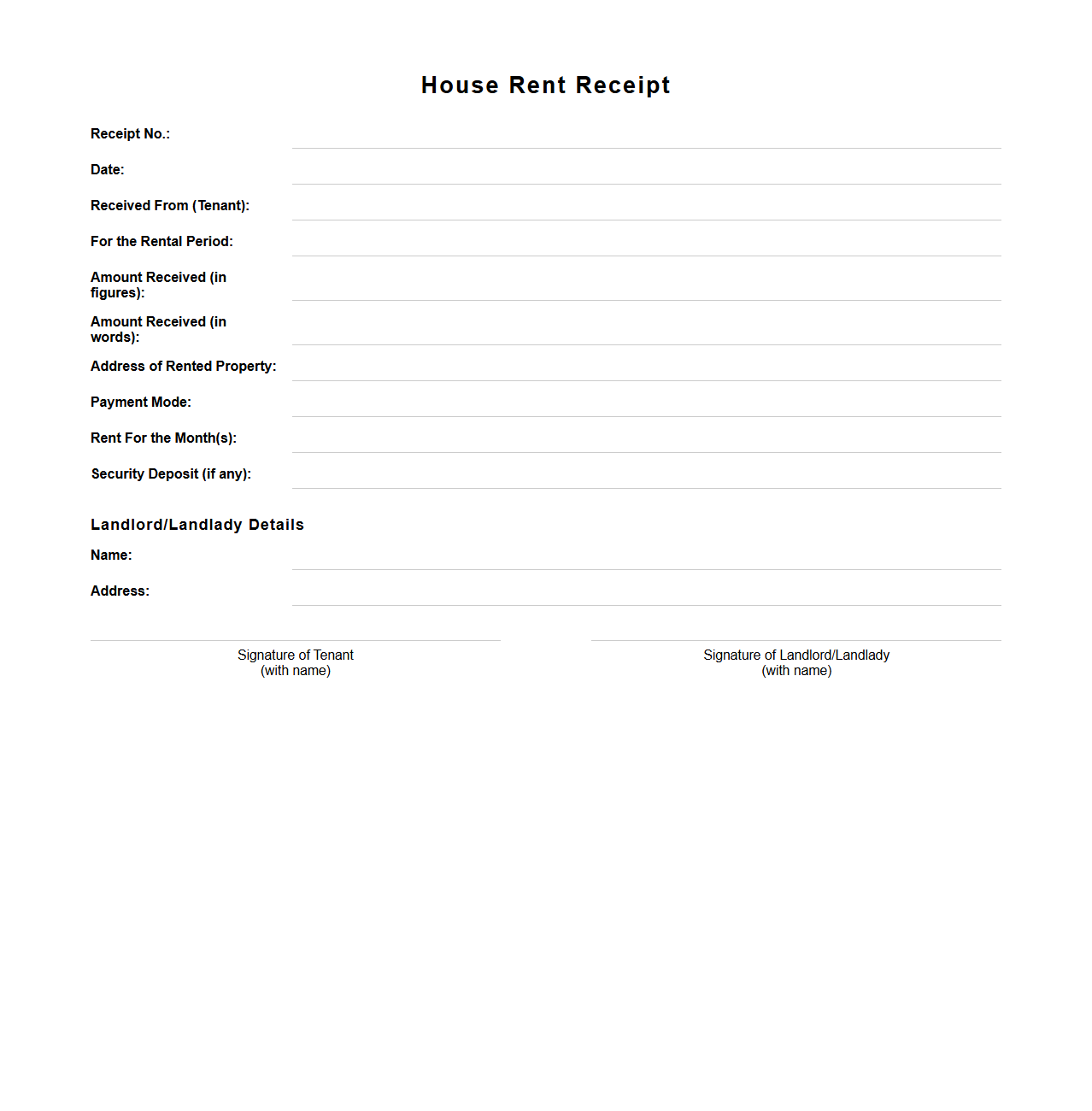 House Rent Receipt Format for Residential Leases
