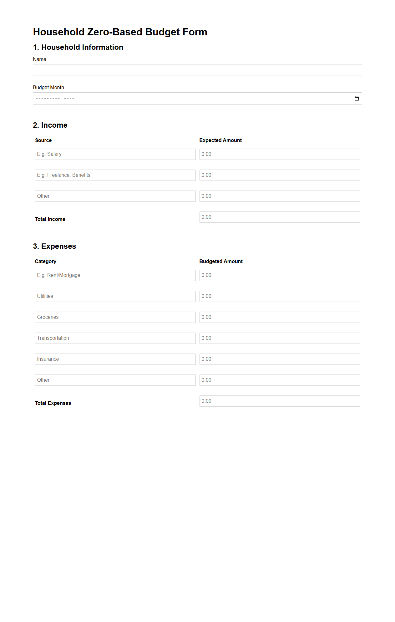 Household Zero-Based Budget Form for Saving Plans