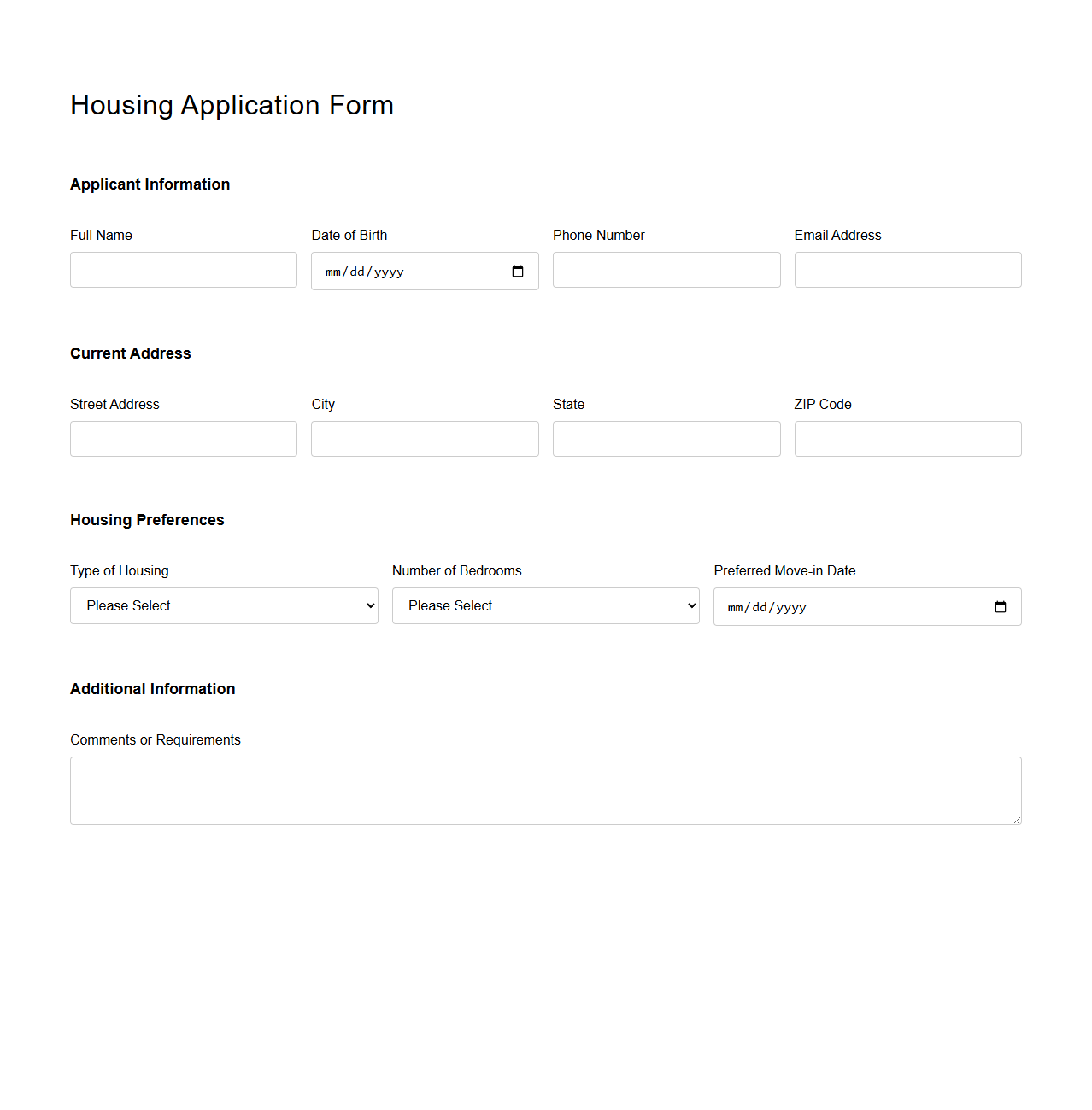 Housing Application Form Example