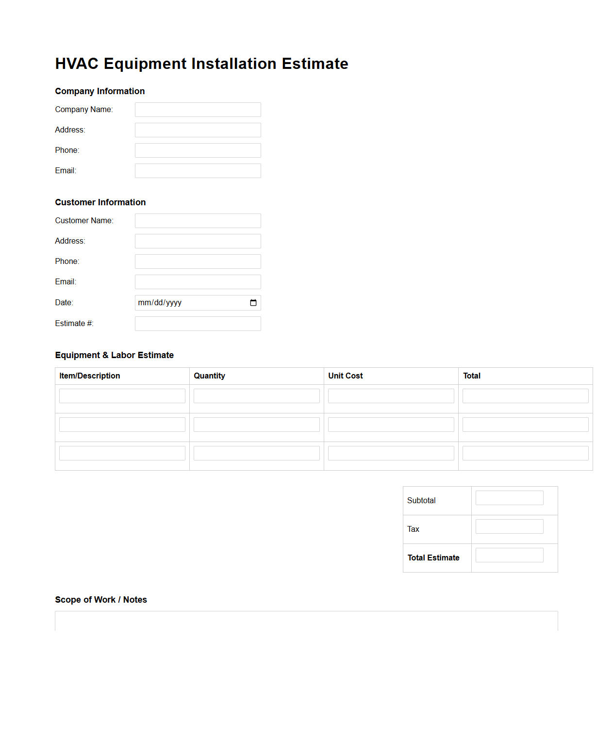 HVAC Equipment Installation Estimate Template