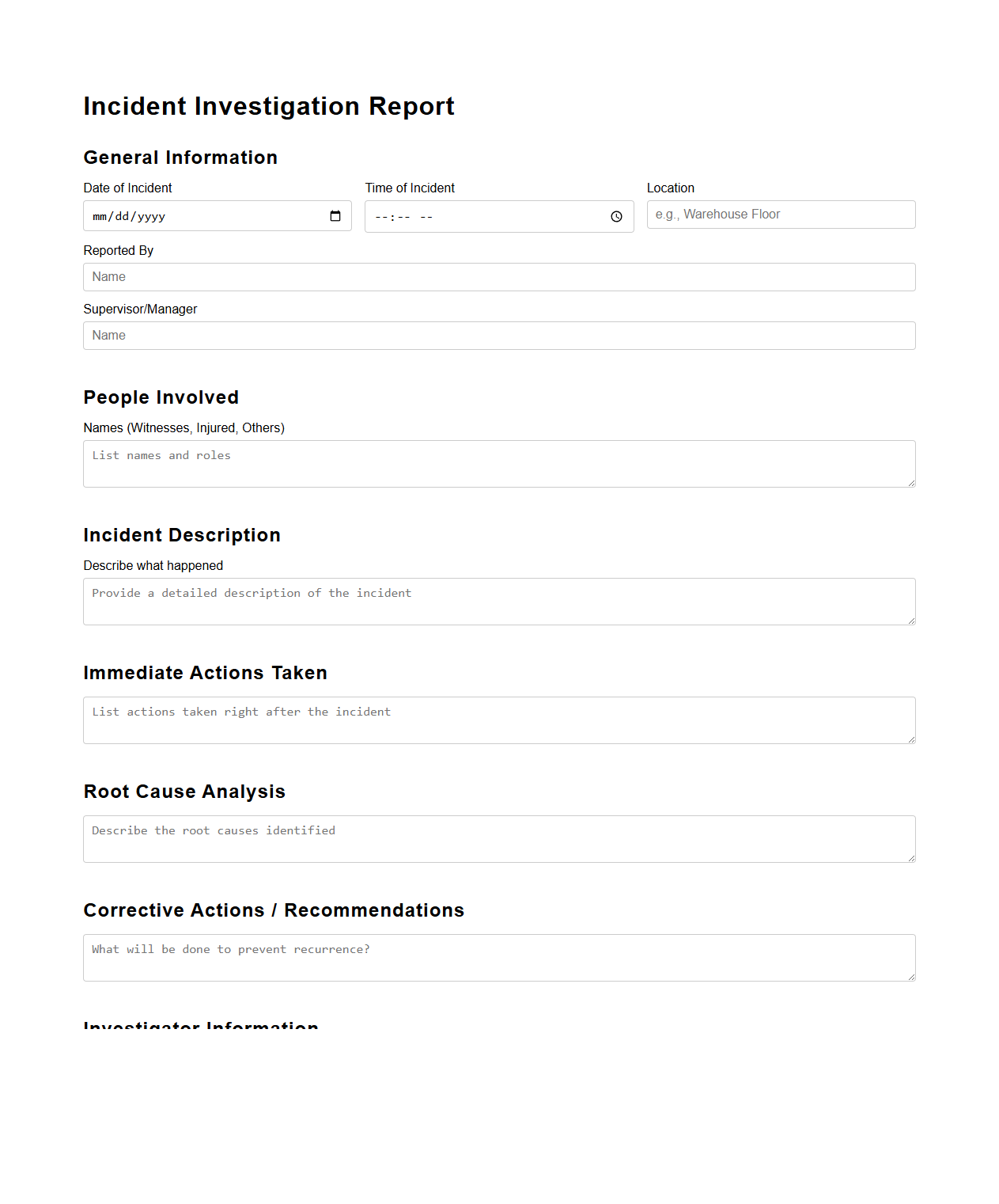 Incident Investigation Report Template for Worksites