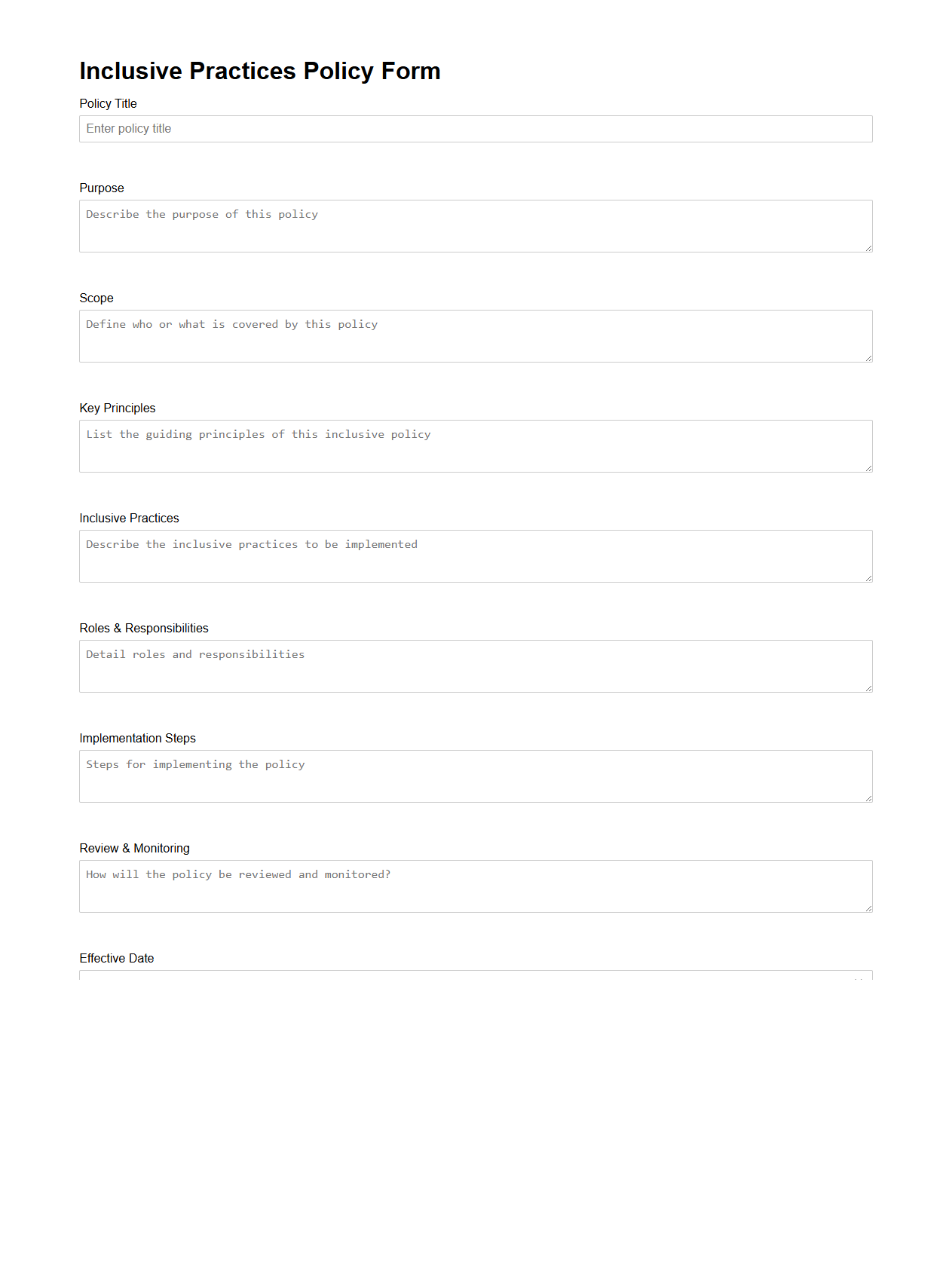 Inclusive Practices Policy Blank Form