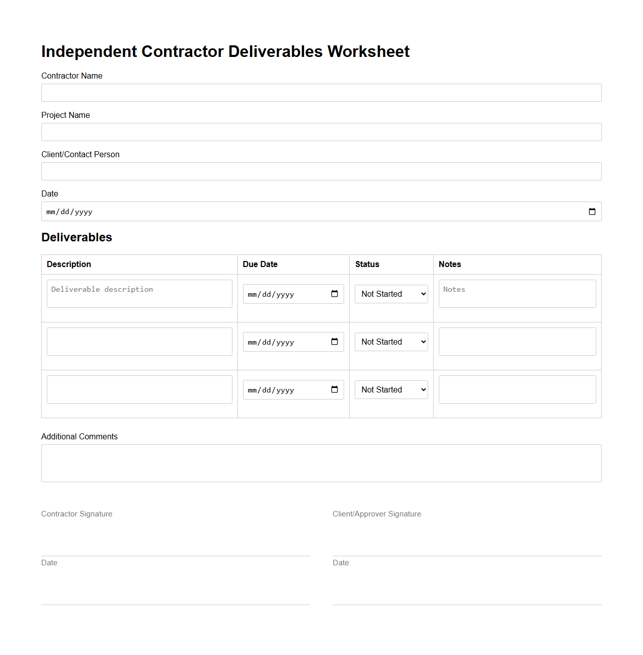 Independent Contractor Deliverables Worksheet