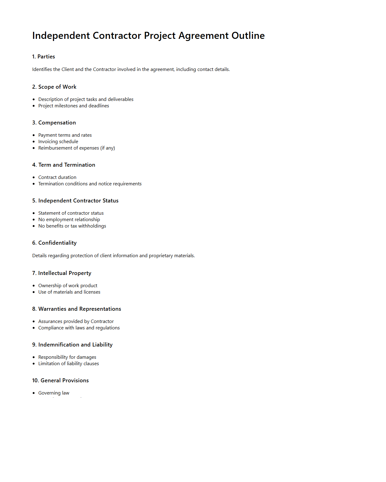 Independent Contractor Project Agreement Outline