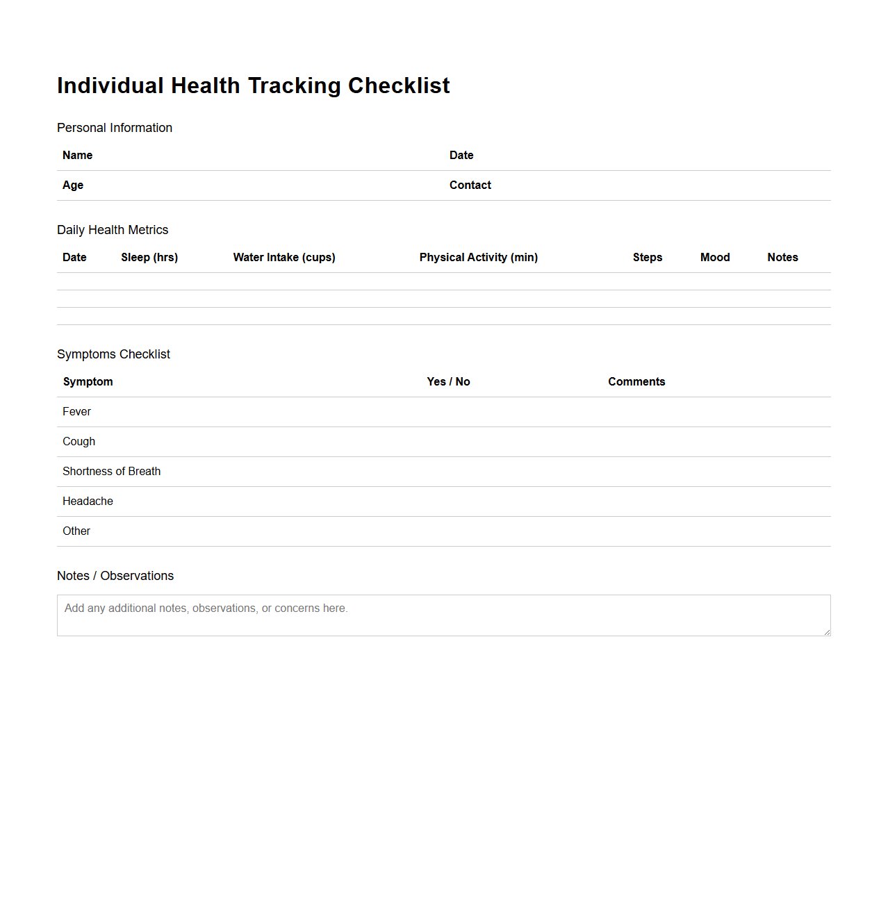 Individual Health Tracking Checklist