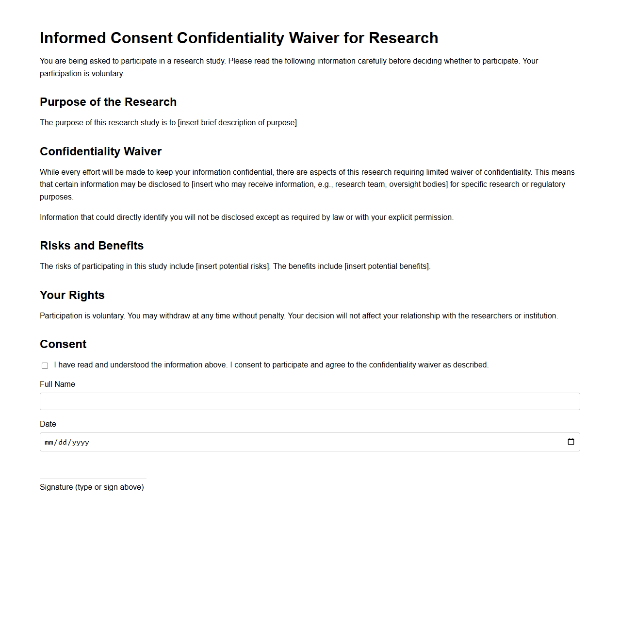 Informed Consent Confidentiality Waiver for Research