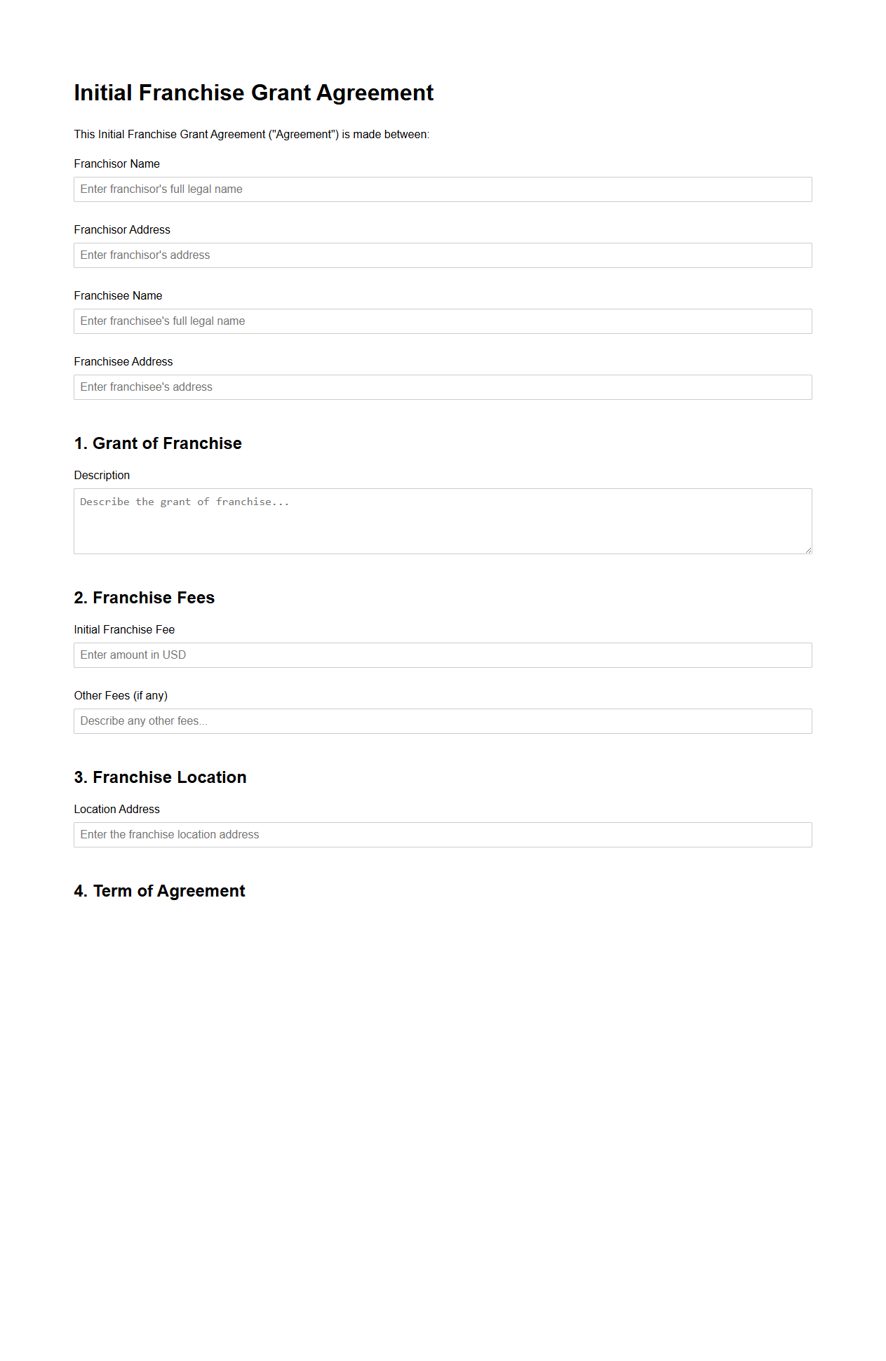 Initial Franchise Grant Agreement Blank Form
