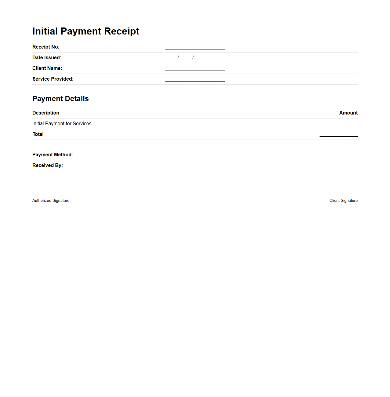 Initial Payment Receipt Draft for Services