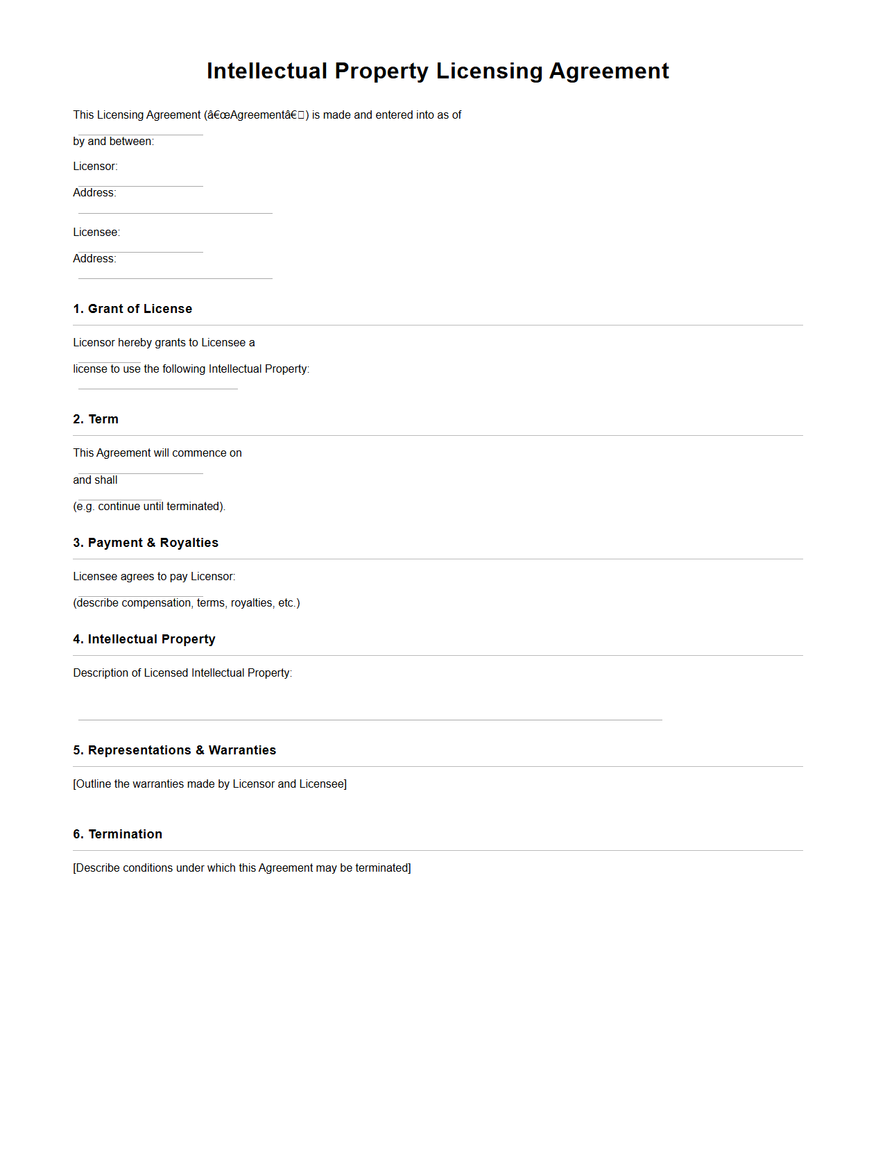 Intellectual Property Licensing Agreement Blank Form