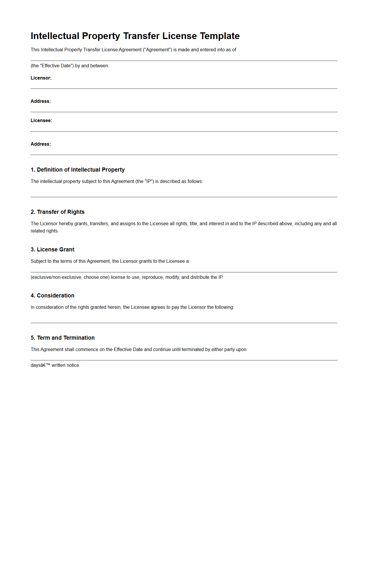 Intellectual Property Transfer License Template