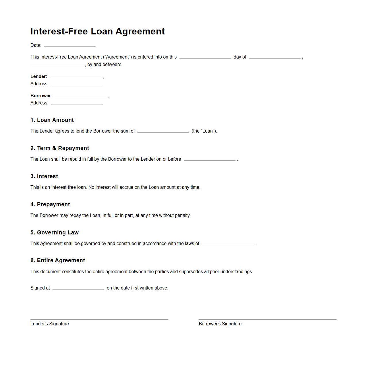 Interest-Free Loan Agreement Template