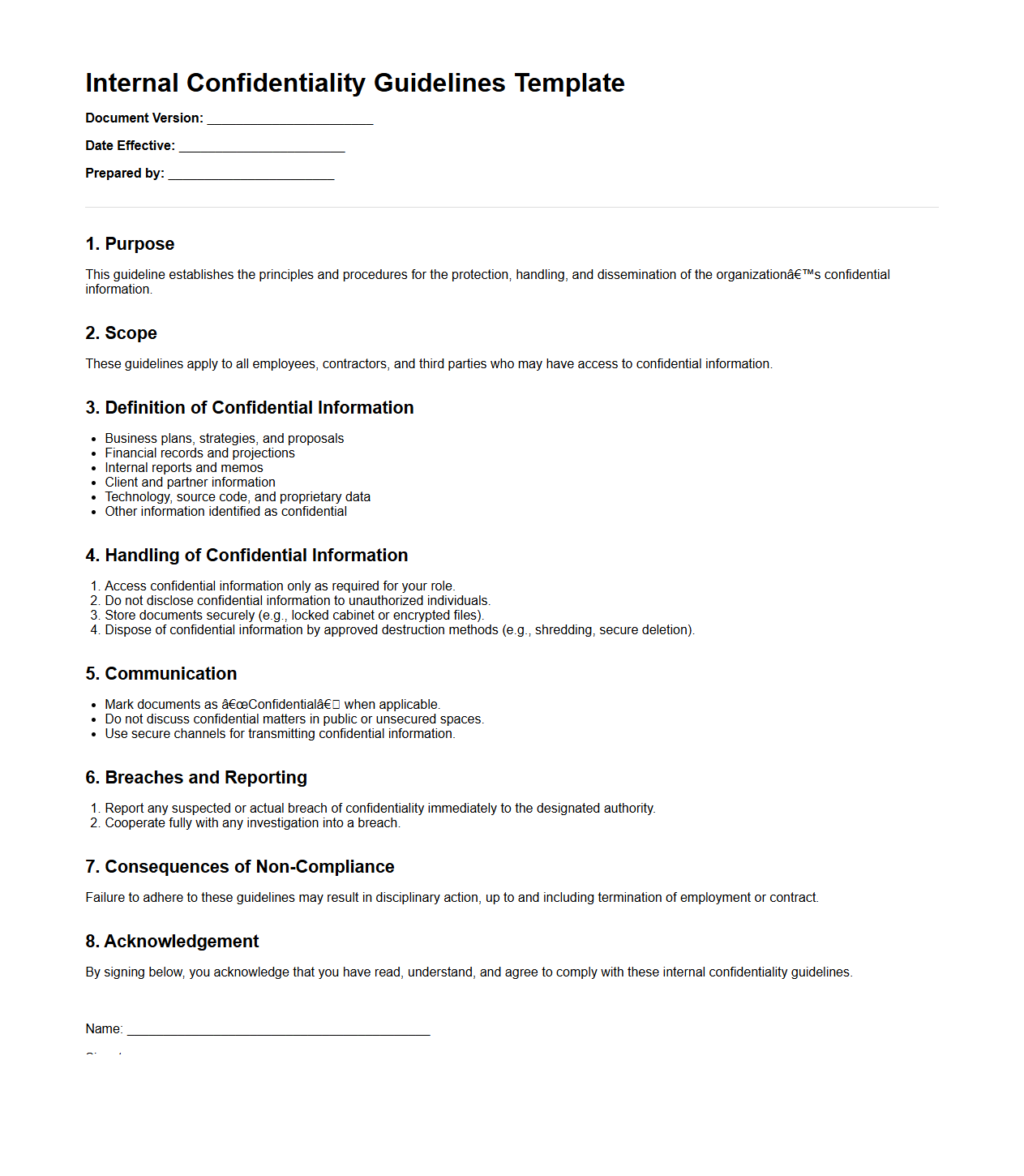 Internal Confidentiality Guidelines Template