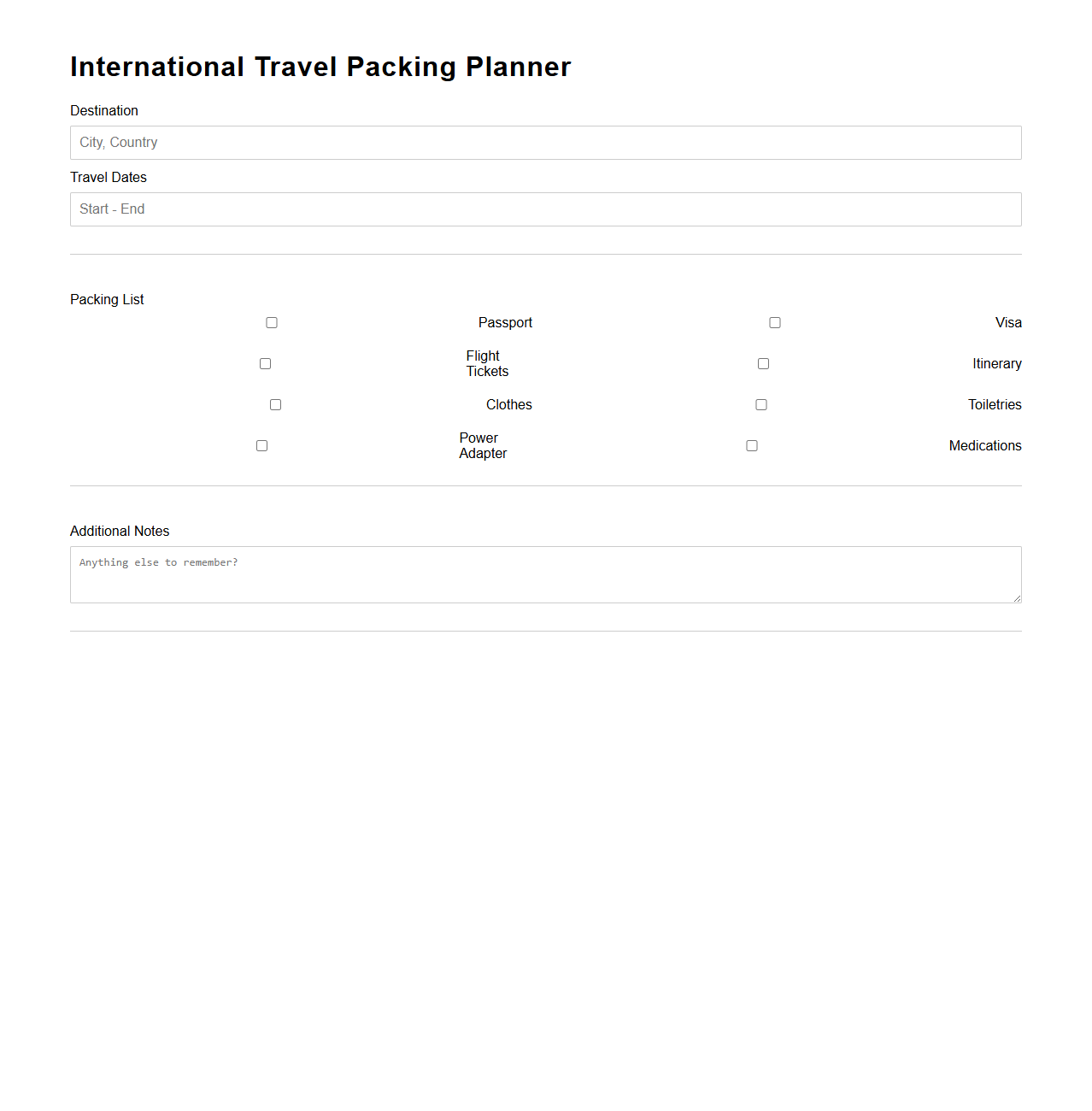 International Travel Packing Planner