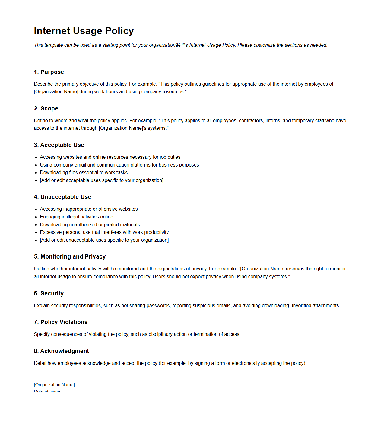 Internet Usage Policy Blank Template