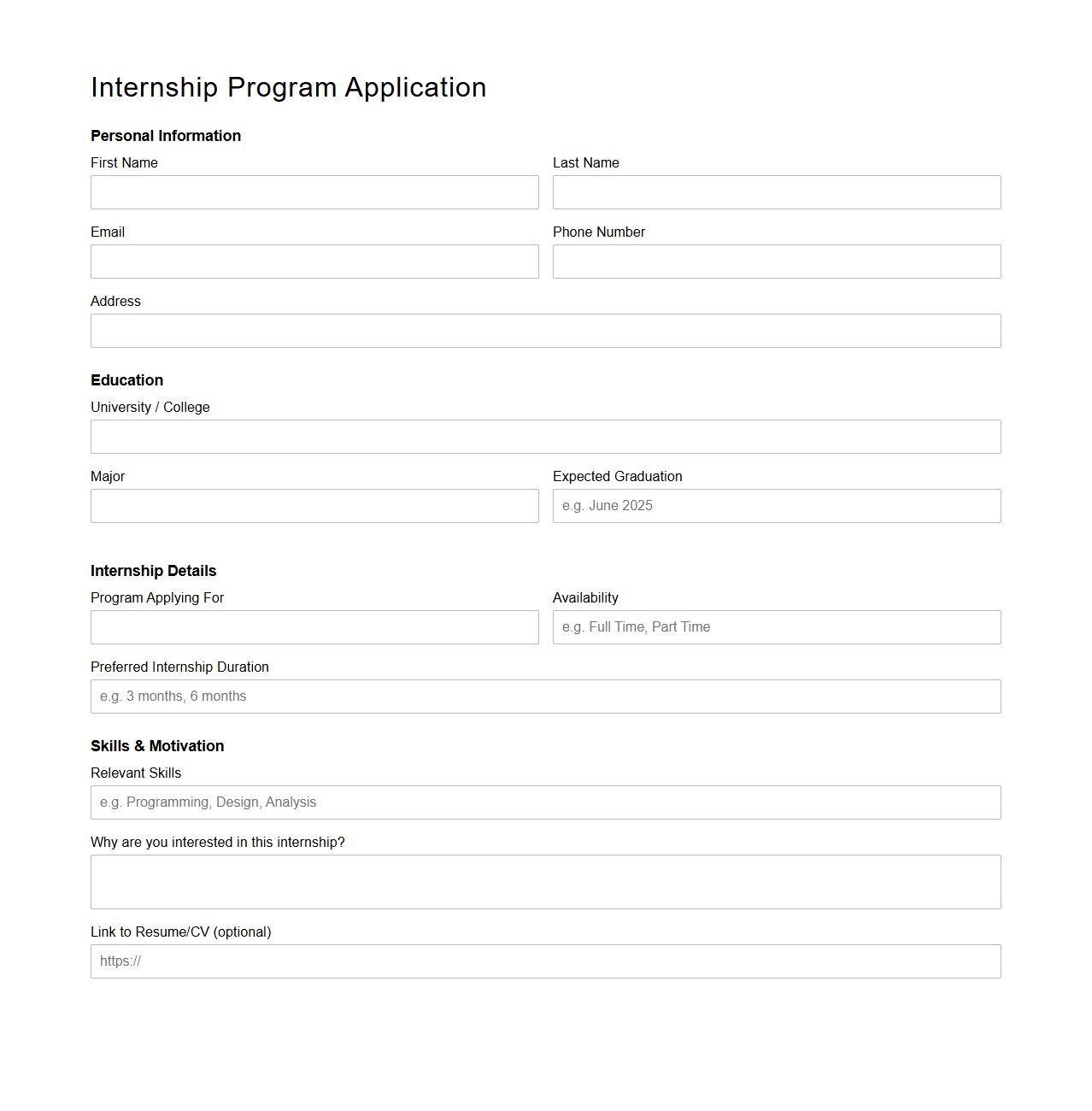 Internship Program Application Empty Template