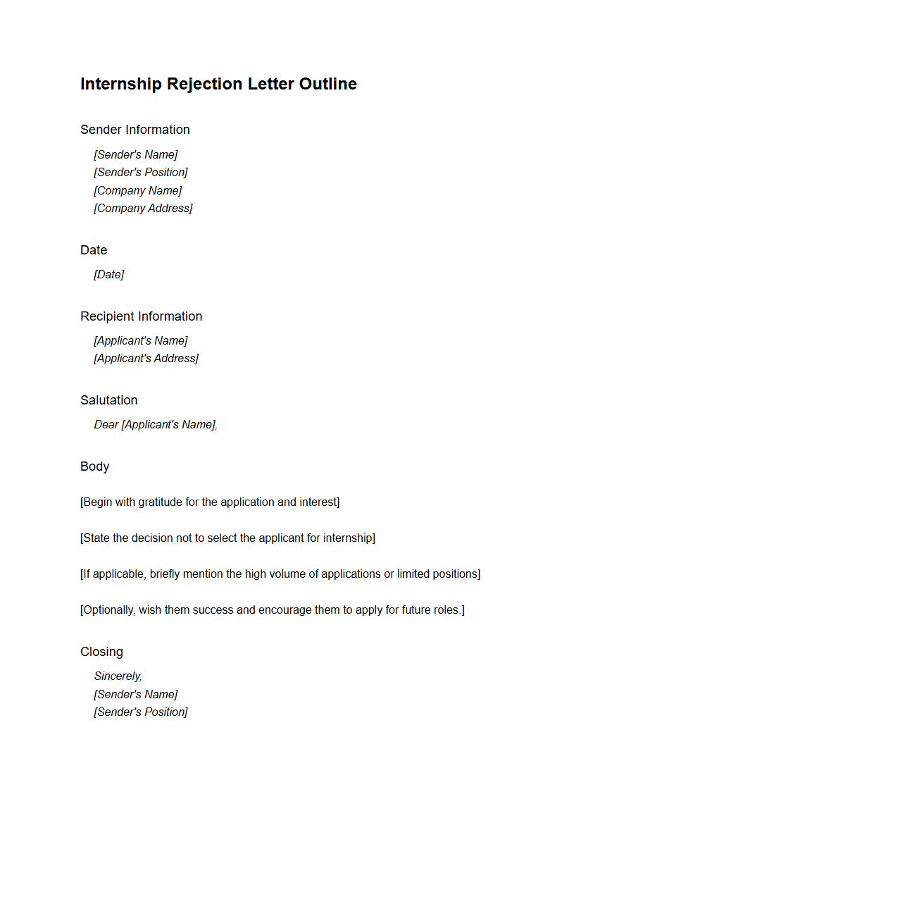 Internship Rejection Letter Outline