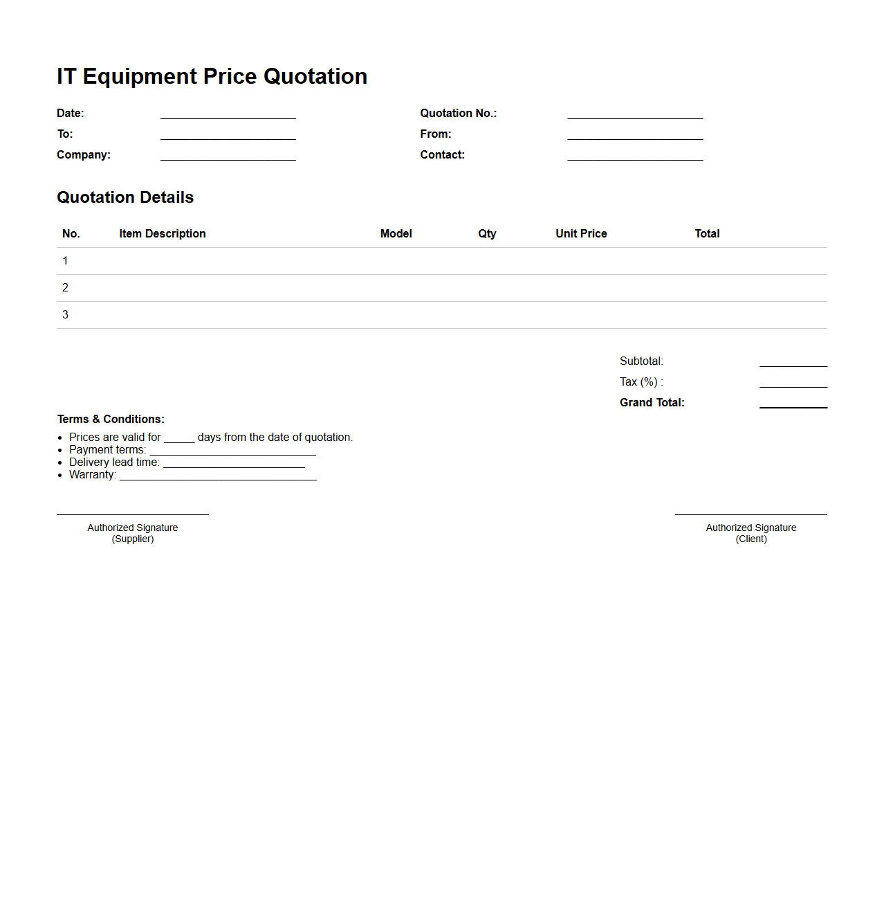 IT Equipment Price Quotation Template