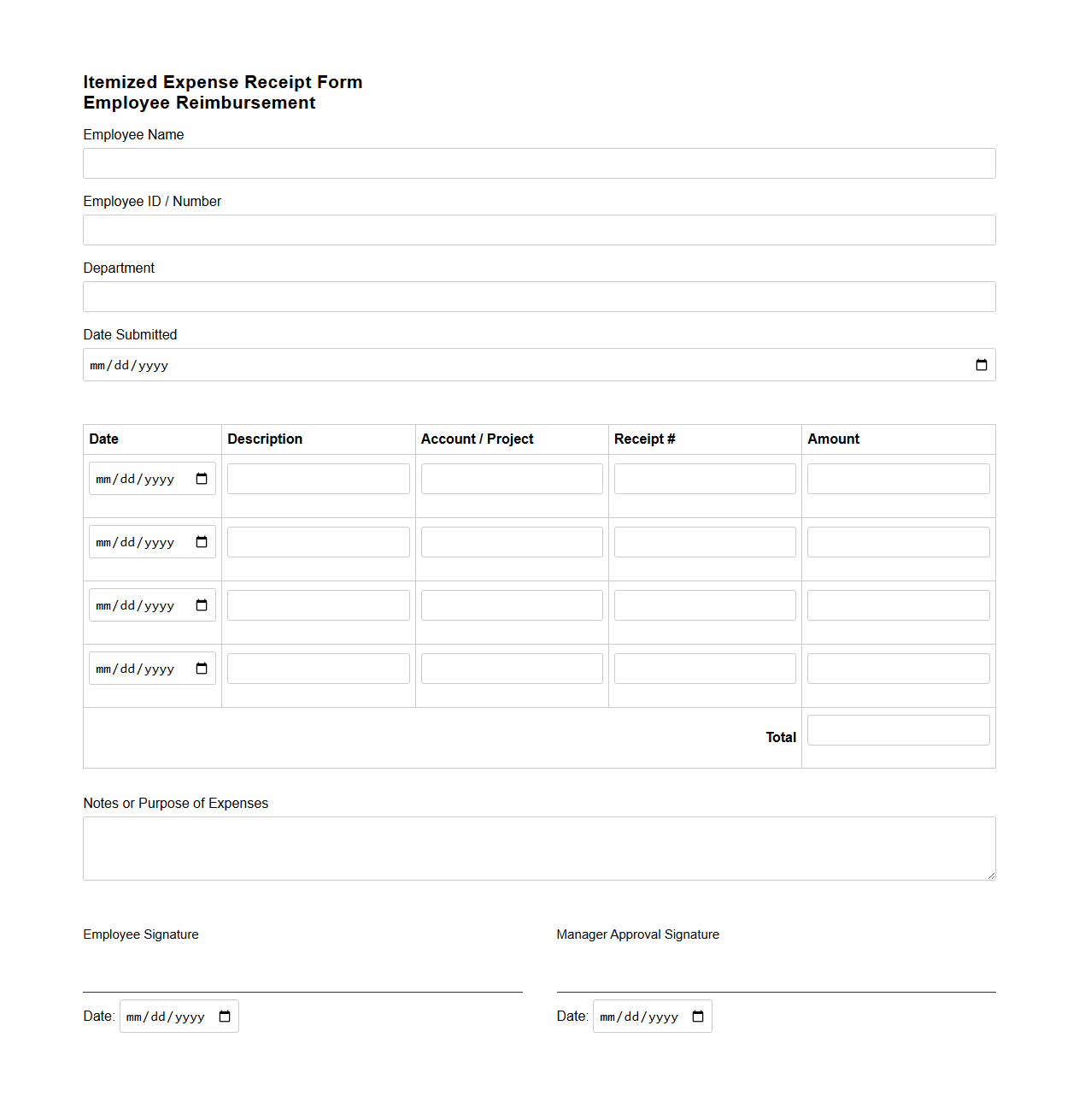 Itemized Expense Receipt Form for Employee Reimbursement