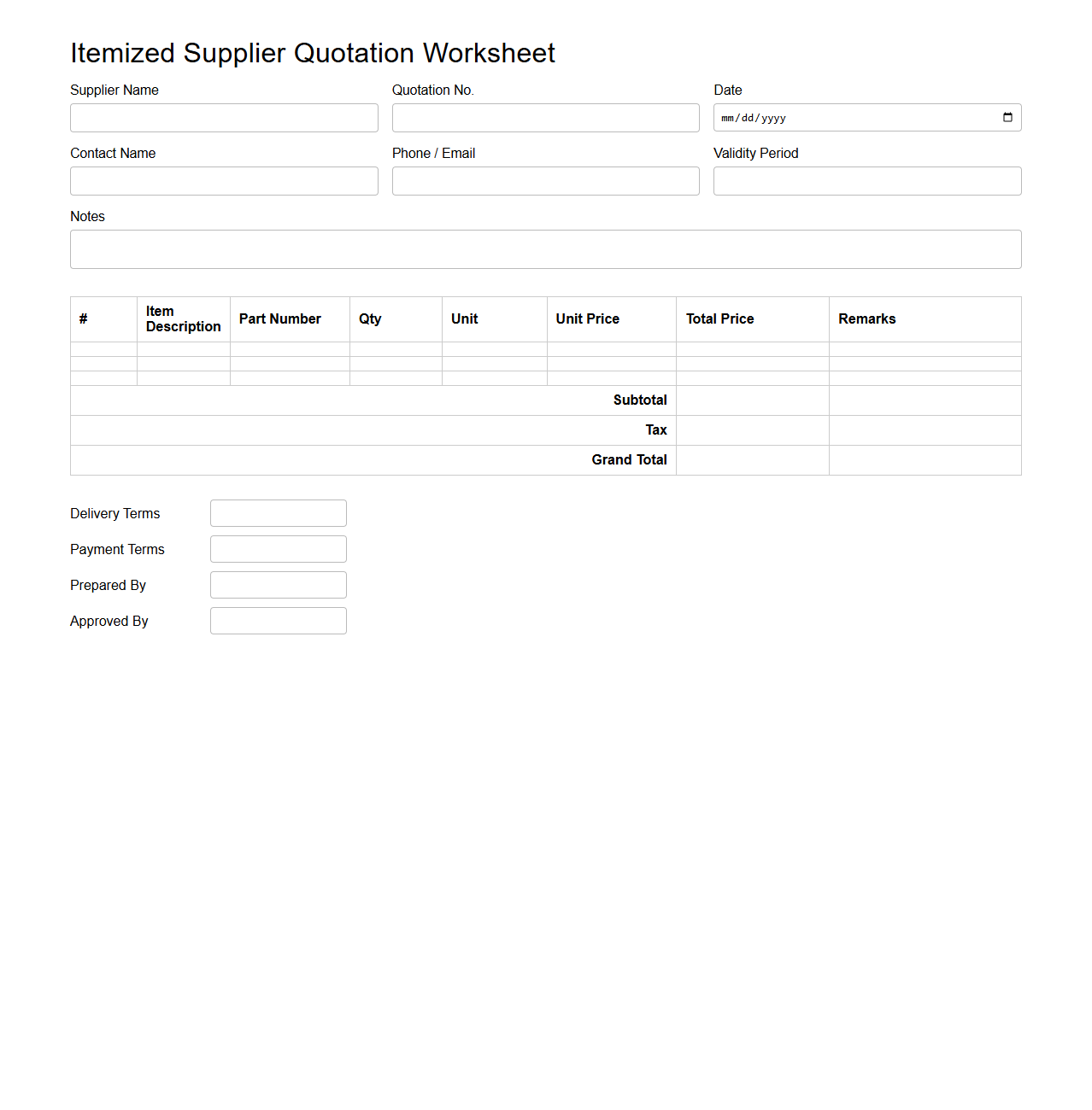 Itemized Supplier Quotation Worksheet