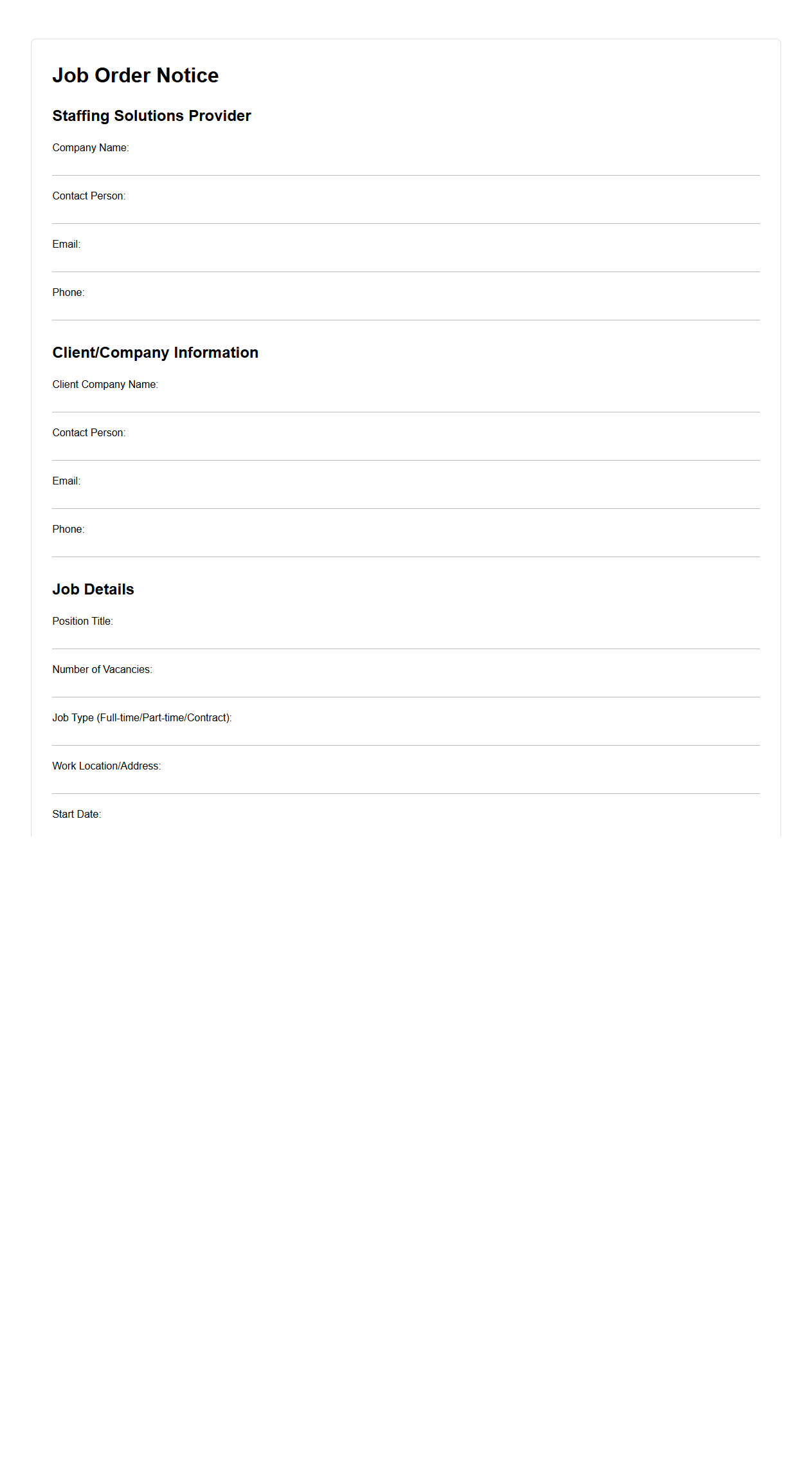 Job Order Notice Template for Staffing Solutions